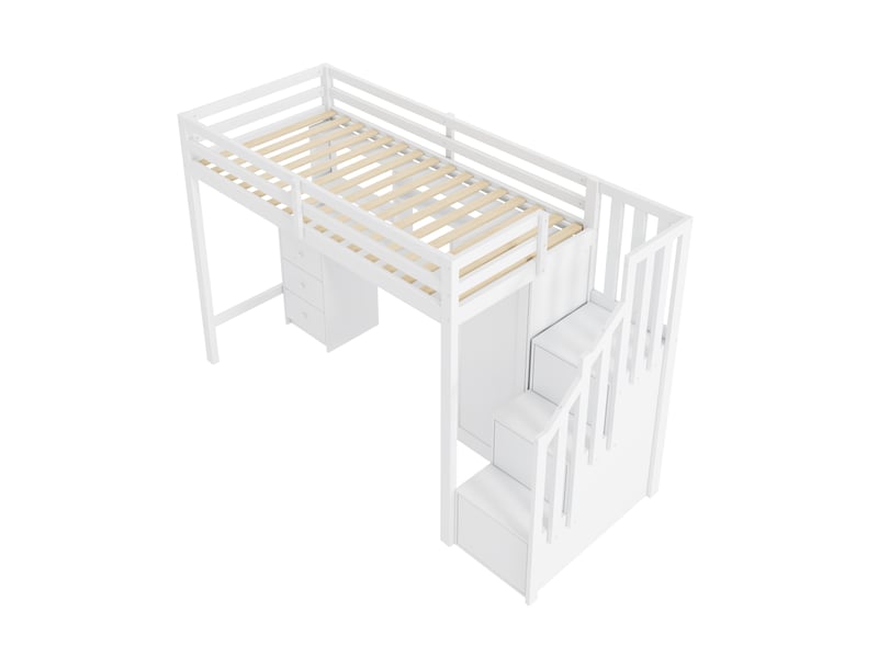  Lit superposé avec bureau et armoire, escalier, lit enfant multifonctionnel, lit superposé enfant équipé de tiroirs et d'une armoire intégrée à l'escalier, 90 x 200 cm, blanc  - Conforama D