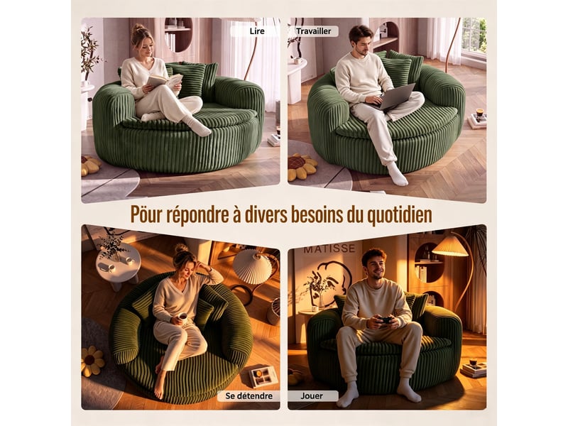  Pouf lounge côtelé en velours côtelé vert avec assise profonde et 5 coussins pour... IKSETERA TRADING LTD - Conforama E