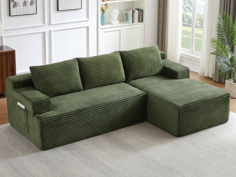 Canapé d’angle 4 places vert en velours côtelé, style nuage avec méridienne gauche, modulable et convertible - Conforama B