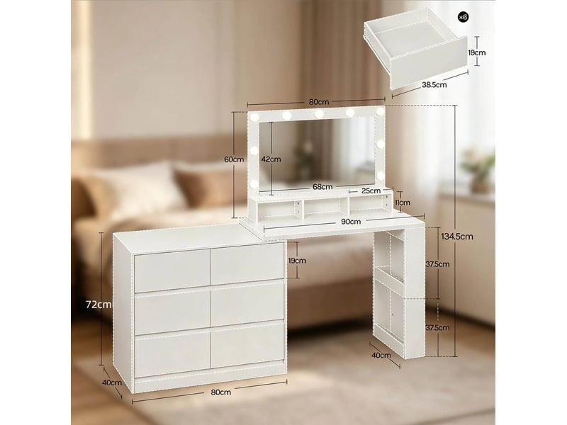  Coiffeuse multifonction blanche avec miroir led usb, 6 tiroirs et rangement latéral, 160 x 40 x 134,5 cm  - Conforama D