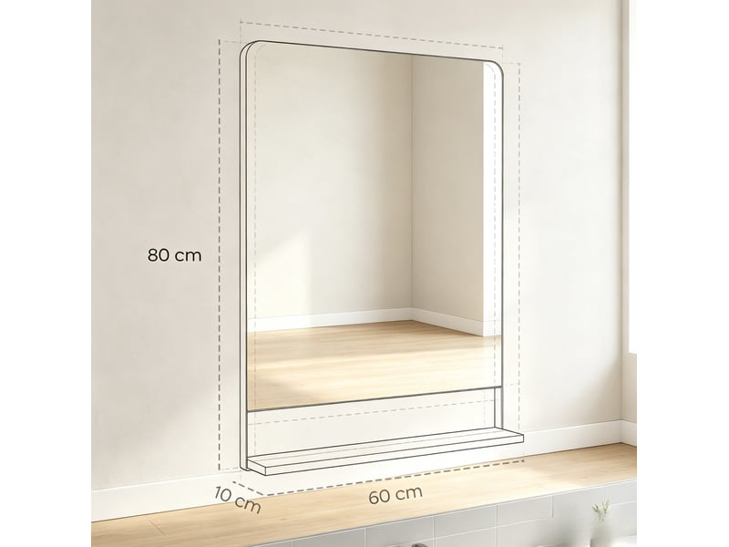 Miroir mural rectangulaire 80 x 60 cm noir avec cadre en métal et tablette de rangement pour l'entrée - Conforama C