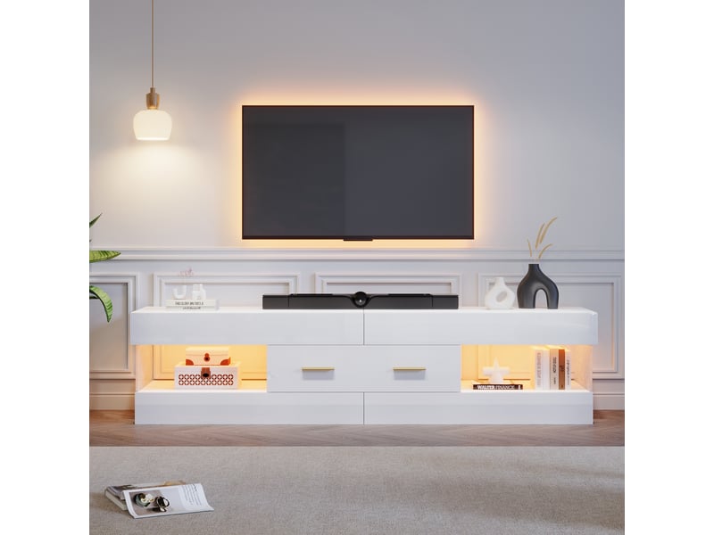 Meuble tv led 152 cm blanc laqué avec 2 tiroirs, étagères ouvertes et panneaux acryliques – pour tv jusqu’à 75 pouces  - Conforama D