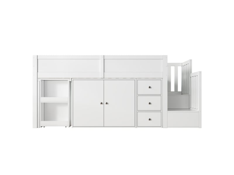  Lit enfant 90x200 cm, avec armoires et tiroirs et bureau extensible, avec lattes, en bois, blanc, sans matelas  - Conforama E