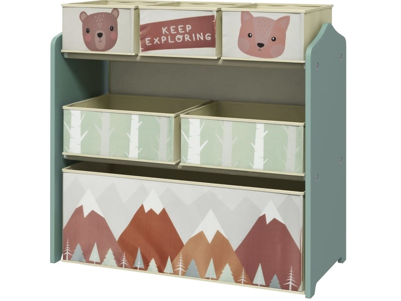 Meuble de rangement enfant 63x30x66 cm vert en bois, 6 boîtes en tissu à motifs pour jouets et livres - Conforama A