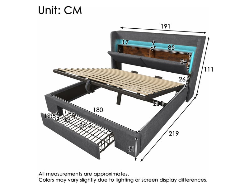  Lit coffre 180x200 cm, rangement hydraulique, tiroirs, tête de lit avec rangement, éclairage led, usb et usb-c pour chambre - gris  - Conforama C