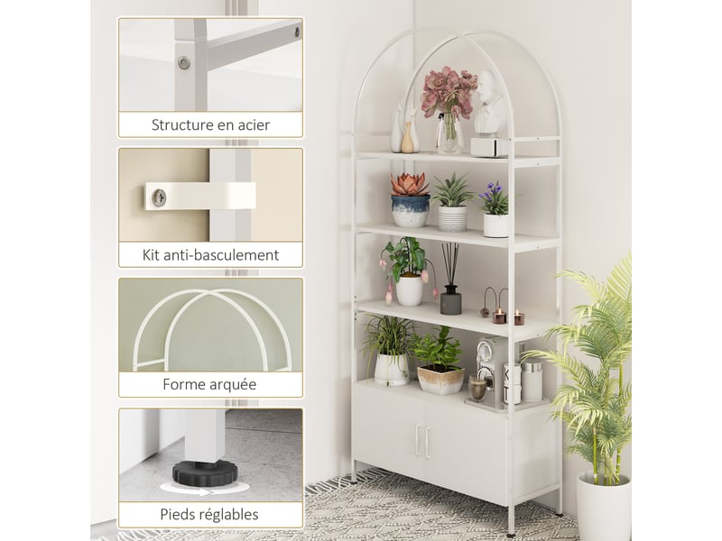  Bibliothèque arquée 4 niveaux avec placard 2 portes blanc 80x30x187 cm  - Conforama E