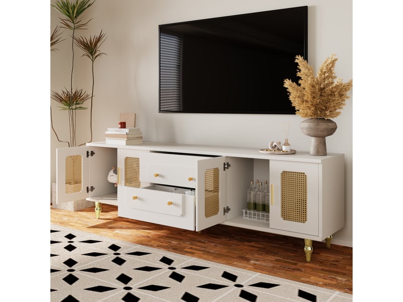 Meuble tv 175 x 38 x 55,5 cm, 4 portes effet cannage et tiroirs, poignées dorées, style rétro, blanc, en panneaux de particules, pour salon ABC - Conforama D
