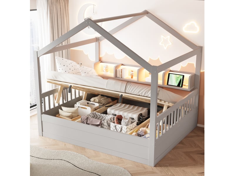  Lit cabane coffre 140x200 cm avec  éclairage et prises, gris, sans matelas  - Conforama E