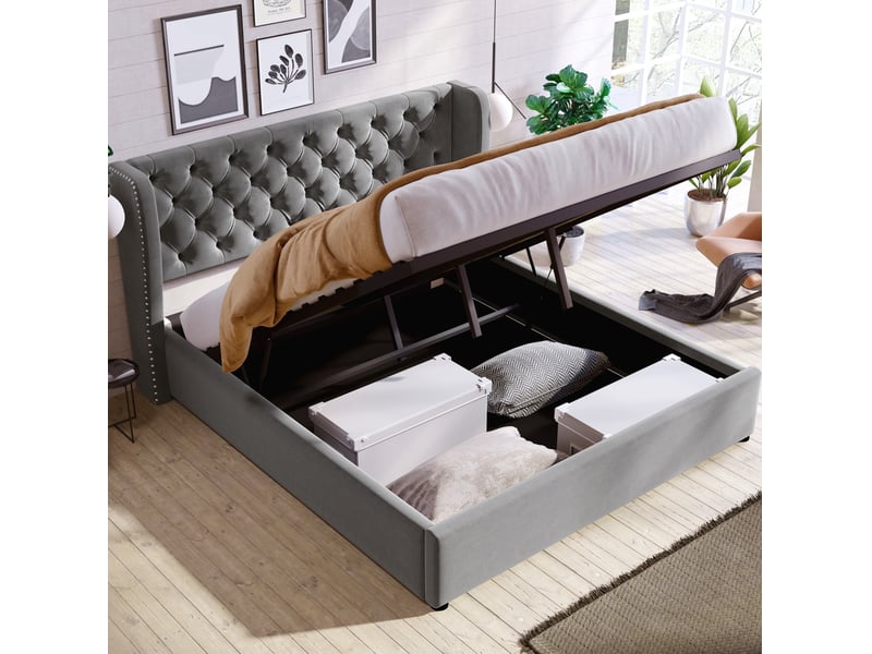  Lit double 140 x 190 cm à rangement hydraulique avec sommier à lattes en velours gris  - Conforama C