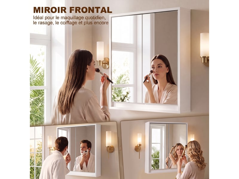 Armoire murale miroir salle de bain 2 étagères dim. 48l x 14l x 45h cm panneaux particules mdf blanc - Conforama R