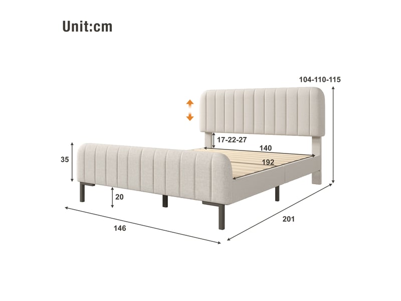  Lit double rembourré 140x190 cm avec tête de lit réglable en hauteur, sommier à lattes inclus, cadre de lit en lin - beige gris  - Conforama C
