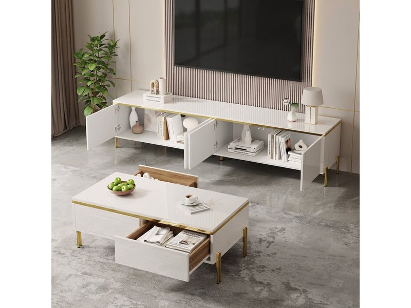  Ensemble meuble tv et table basse blanc brillant avec détails dorés, meuble tv 170 cm  - Conforama B