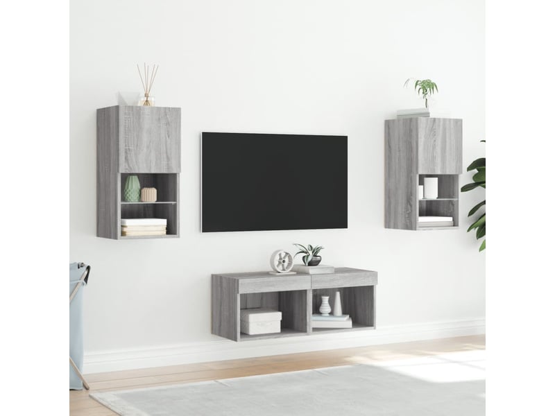  Meuble tv - banc tv - meuble de rangement muraux 4 pcs avec lumières led sonoma gris  - Conforama D