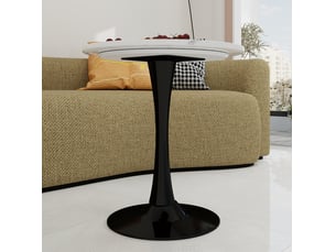 Table ronde 70 cm noir et blanc – style mid-century modern – plateau minéral et base métal