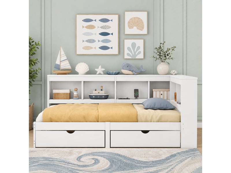  Lit de jour 90 x 200 cm blanc avec 2 tiroirs, prise et 2 ports usb  - Conforama C