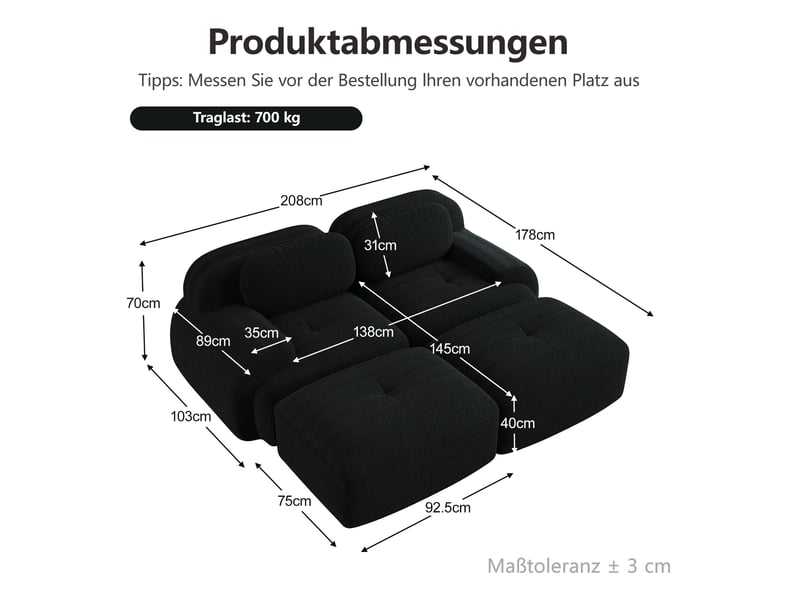  Canapé d’angle réversible 2 places en velours côtelé noir, 208 cm, sans montage W3325S00013 - Conforama E