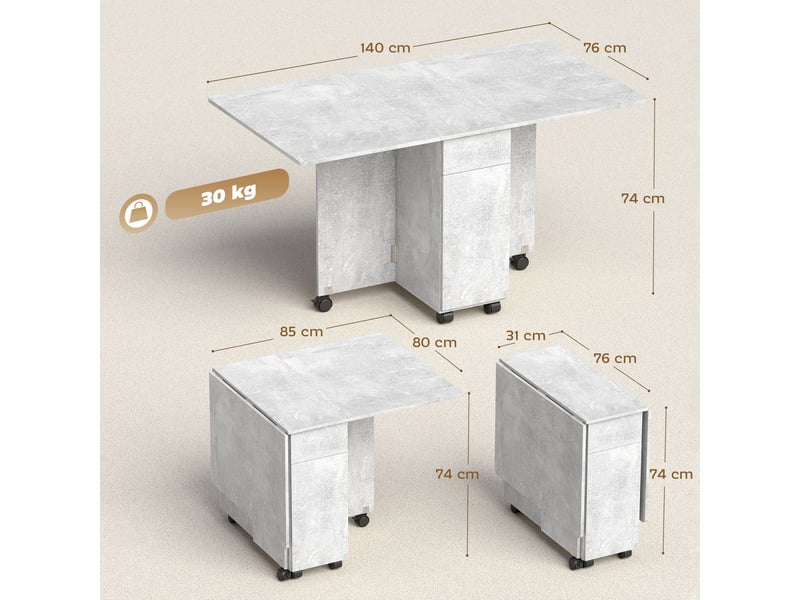  Table de salle à manger pliante sur roulettes avec 2 tiroirs, 2 portes et un placard, en bois, 140 x 76 x 74 cm, gris ciment  - Conforama E