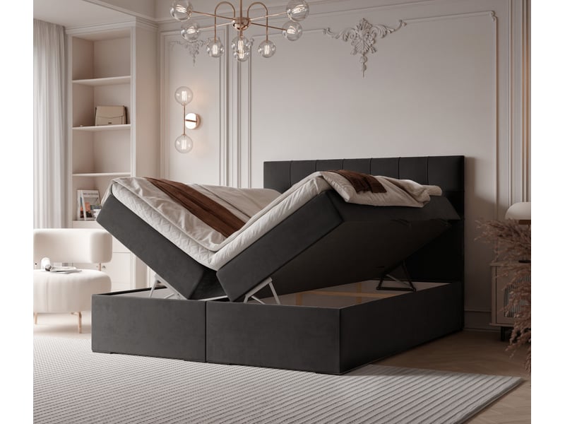  Lit adulte imperial - 160x200 cm - matelas ressorts + surmatelas - coffre de rangement - velours doux hydrofuge noir IMPERIAL - Conforama C