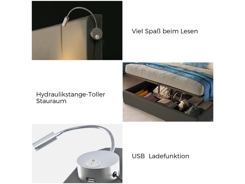  Lit double capitonné 140x200 cm,lit coffre hydraulique,liseuse led avec port usb,tête de lit rembourrée,cuir pu,sans matelas,gris  - Conforama D
