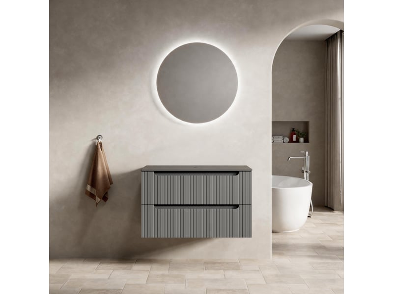  Meuble sous vasque suspendu 80 cm avec 2 tiroirs - lpospi - prémonté, pierre frittée et contreplaqué - gris foncé  - Conforama C