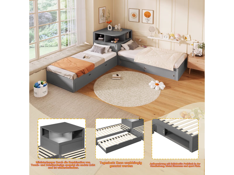  Lit plateforme, lit enfant 90x200 cm, lit gigogne, gris, led  - Conforama E