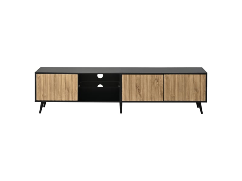  Meuble tv led 175 x 31 x 43,5 cm - bois naturel et noir, 3 portes, 6 pieds, verre trempé, adapté pour écran 75 pouces  - Conforama A