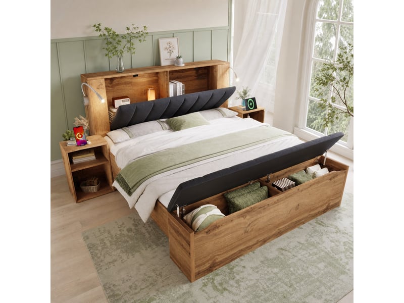Lit double 180 x 200 cm couleur chêne avec chevets, banc coffre et lampes usb - Conforama B