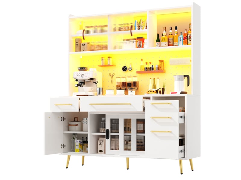  Buffet moderne led avec panneau perforé, tiroir et porte vitrée, blanc, cuisine &amp; salon  - Conforama E