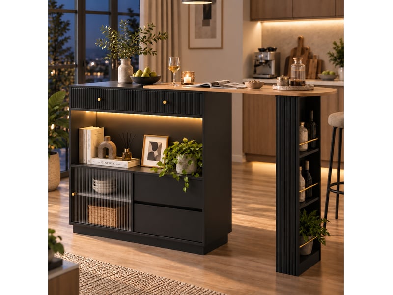  Îlot de cuisine extensible pivotant 360° avec led et rangement, noir 120 x 30 x 100 cm  - Conforama B
