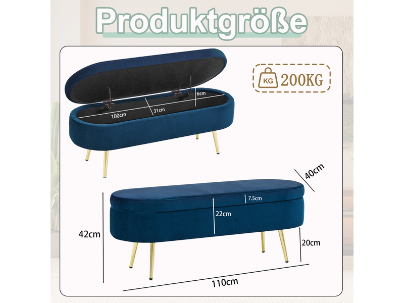  Banc de rangement 110 x 40 x 42 cm bleu foncé en velours, coffre 20 l, pieds métal doré pour chambre  - Conforama C