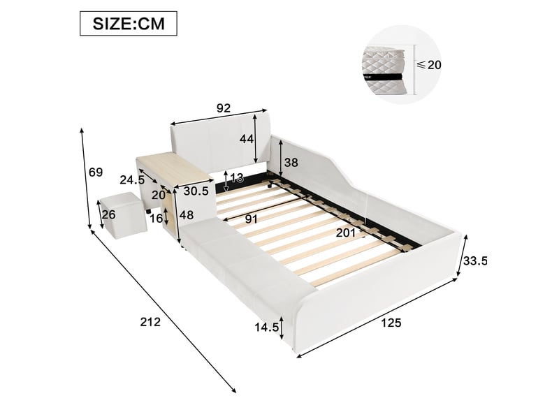  Lit enfant 90x200 cm avec bureau et tabouret, étagère en velours blanc  - Conforama E
