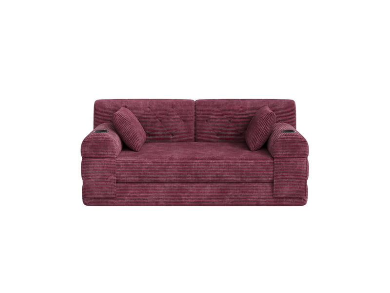  Canapé droit convertible 2 places 168 x 80 x 81 cm avec dossier haut, 2 porte-gobelets et 4 poches latérales, velours côtelé, bordeaux Morn Vibe - Conforama A