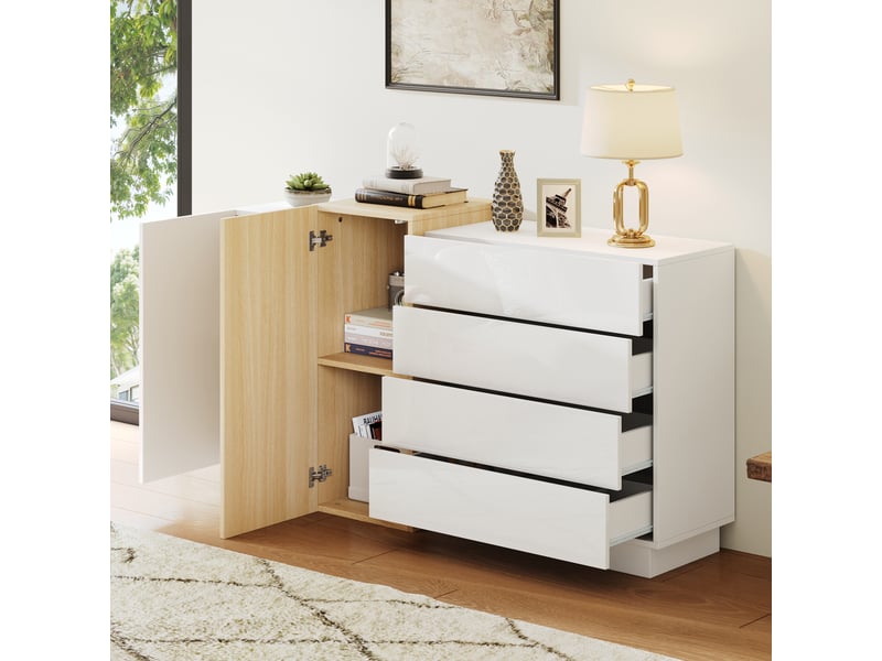  Buffet blanc laqué brillant avec 4 tiroirs et 2 portes, meuble de rangement moderne, longueur 140 cm  - Conforama B