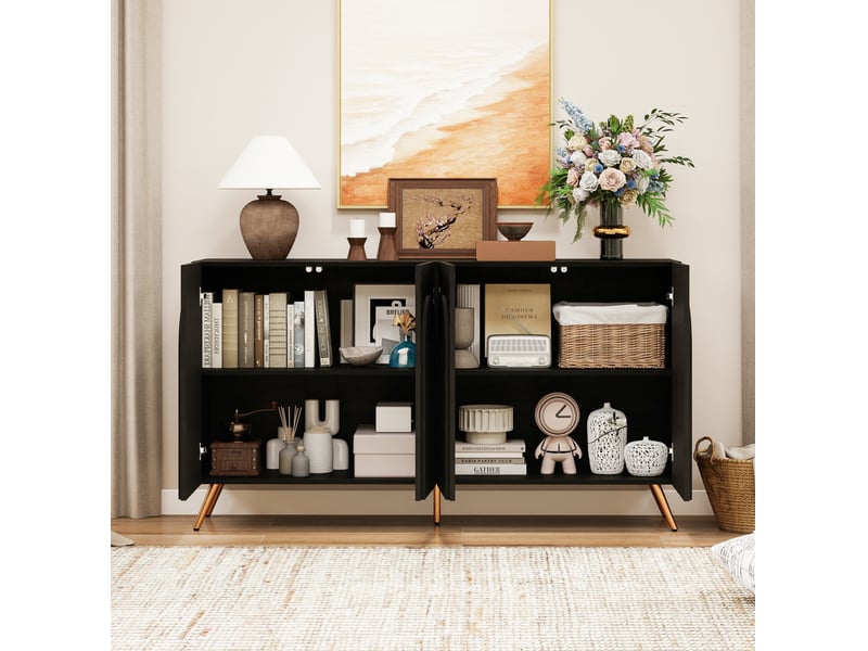 Buffet bas 150 x 38 x 83 cm avec 4 portes à rainures 3d et étagères réglables, noir, pieds en métal doré - Conforama C