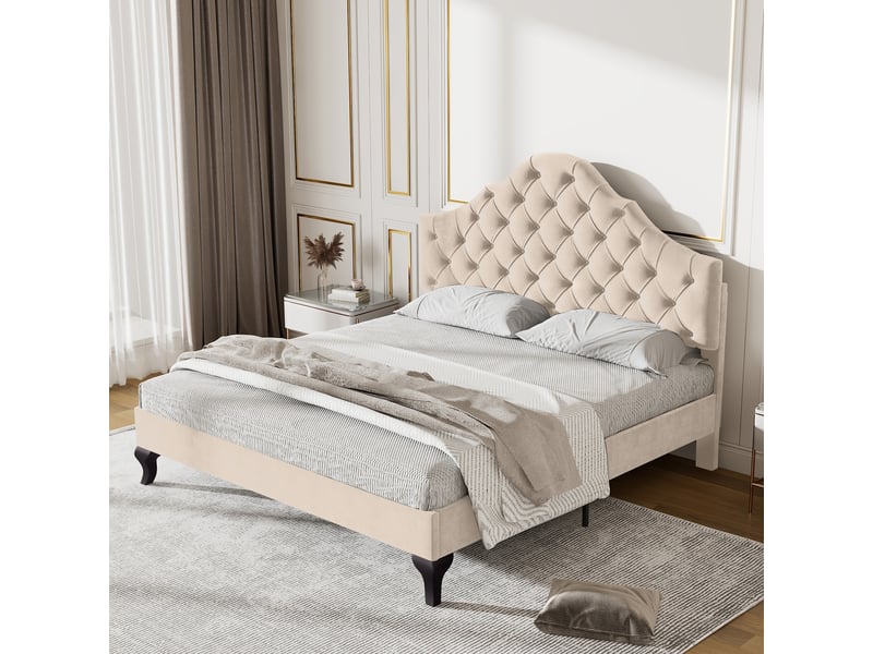  Lit double rembourré 140x190 cm avec sommier à lattes, beige, cadre de lit adulte avec tête de lit réglable en hauteur  - Conforama C