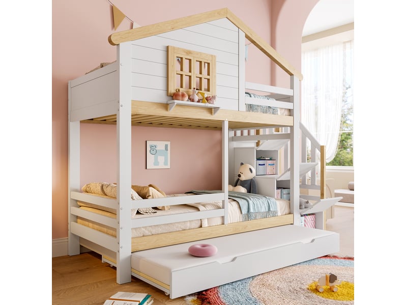 Lit superposé 90x200 cm avec lit gigogne, escalier de rangement et design maisonnette, blanc et naturel, sans matelas - Conforama D