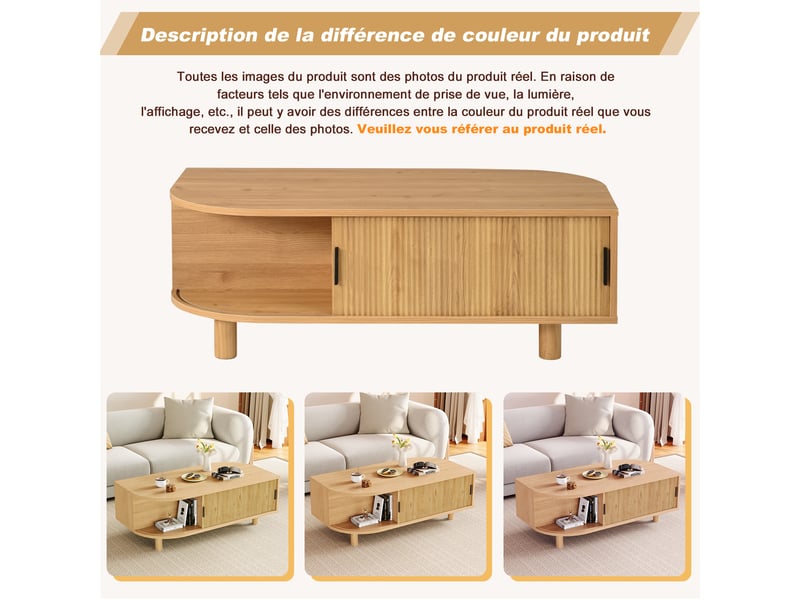  Table basse en bois clair avec portes coulissantes, 100x50x35 cm, table de salon scandinave avec rangement  - Conforama R