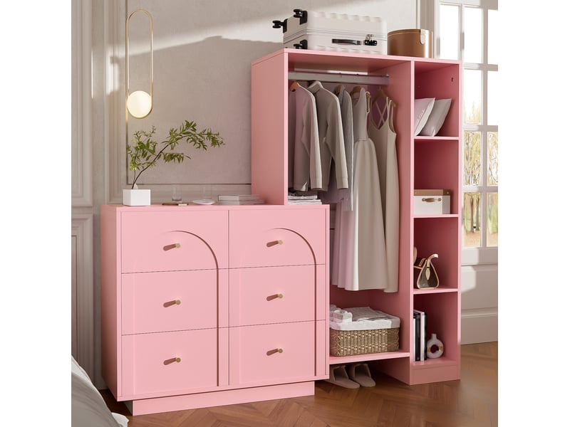  Armoire ouverte avec penderie, 6 tiroirs et étagères pour chambre en panneaux de particules rose 139 × 35 × 133 cm  - Conforama B