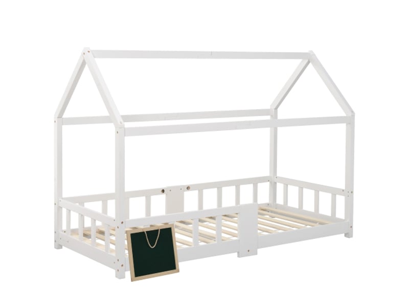  Lit cabane enfant 90 x 200 cm avec un tableau noir et clôture, bois + mdf, blanc, sans matelas  - Conforama B