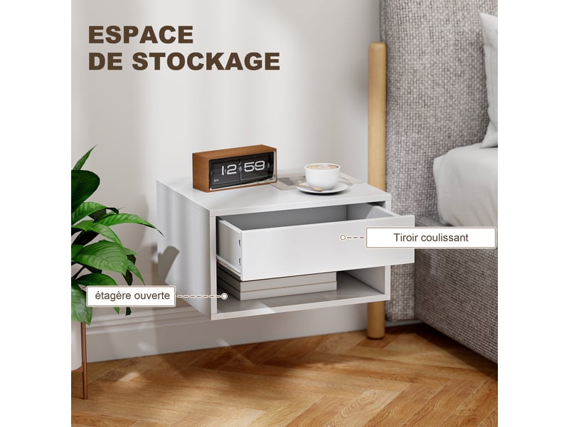  Lot de 2 tables de chevet murales 37 x 32 x 21 cm tiroir étagère gain de place moderne en panneau de particules blanc 21_0001554  - Conforama E