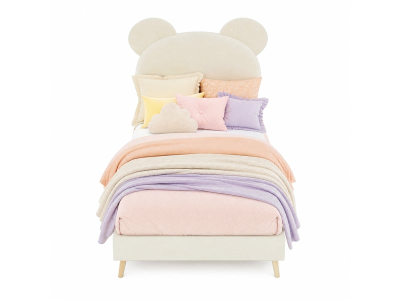 Lit coffre enfant 200×90 cm avec rangement sous le couchage et tête de lit cartoon rembourrée, sans matelas, beige  - Conforama A