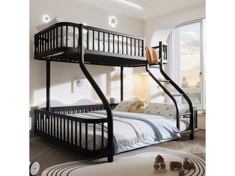  Lit superposé 90 x 200 cm, 140 x 200 cm, cadre en métal, garde-corps, échelle, sans matelas, noir  - Conforama C