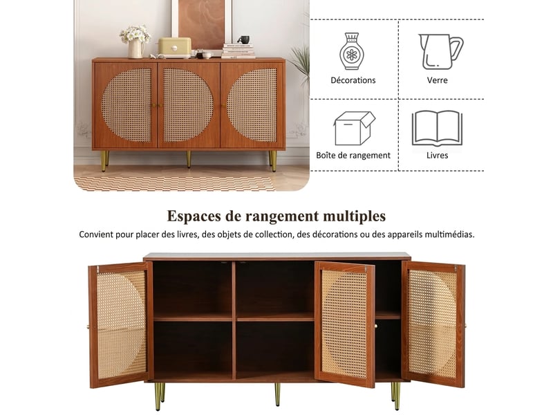  Buffet enfilade noyer 3 portes rotin 130 cm meuble de rangement salon  - Conforama W