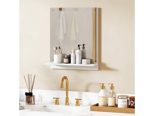 Miroir de salle de bain avec étagère, miroir mural blanc 50x60 cm. Cadre moderne en acrylique pour agrandir visuellement votre espace.