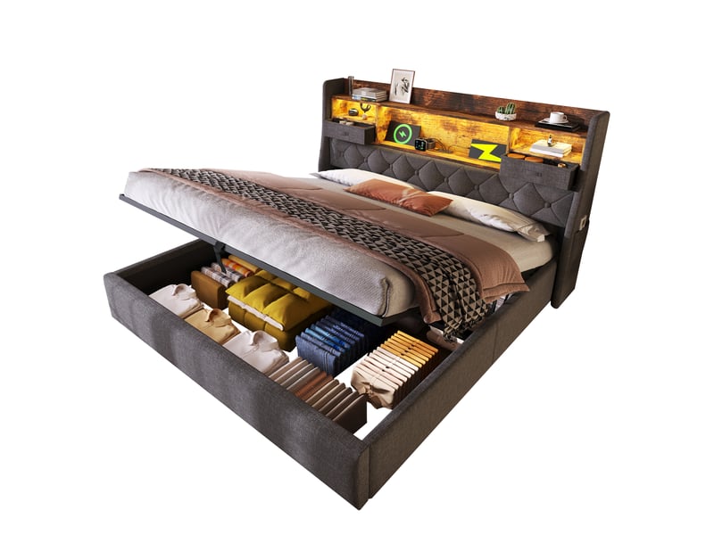  Lit coffre 160 × 200 cm 2 places avec led, usb, type-c, rangement hydraulique, matelas inclus, tissu gris  - Conforama A