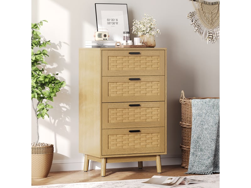 Commode 4 tiroirs en pvc effet rotin - 55 x 40 x 95 cm-chêne - meuble de rangement avec pieds en bois massif et dispositif anti-basculement - Conforama C