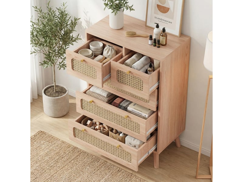 Commode avec 5 tiroirs, 60x34x91cm, meuble de rangement, en bois et métal, façades en rotin, style naturel, couleur bois - Conforama D