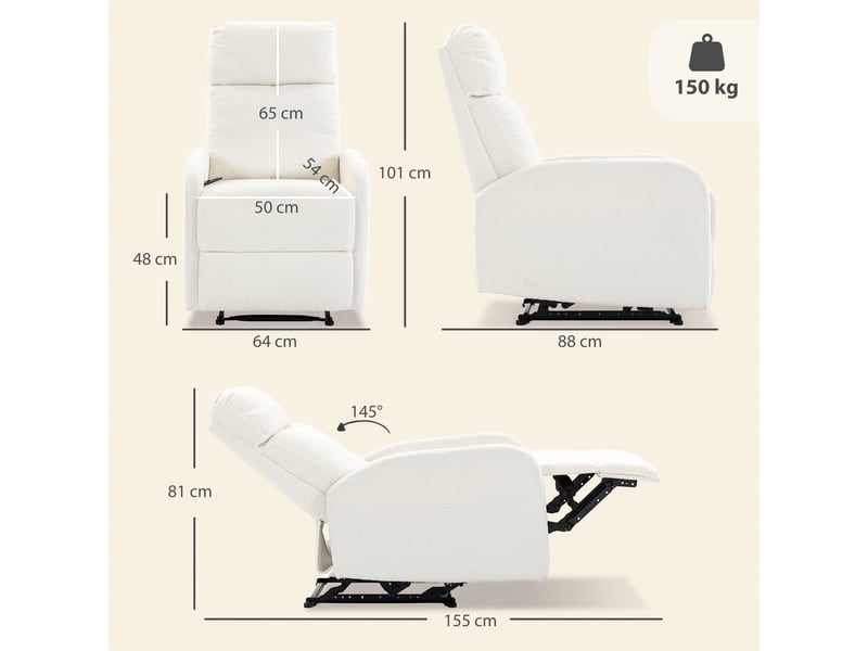  Fauteuil relax inclinable, fauteuil de relaxation en peluche teddy, assise à ressorts, accoudoirs rembourrés, crème  - Conforama C