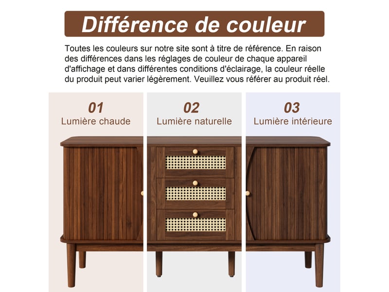 Buffet de rangement 141x40x77 cm, façades en rotin, portes coulissantes, 3 tiroirs, grand rangement pour salon et séjour - noyer GL1745D-1 - Conforama E