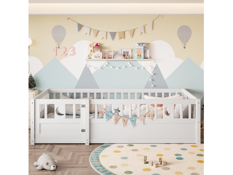  Lit enfant 90 x 190 cm barrière avec serrure 48 cm décor étoiles lune style minimaliste pin blanc sans matelas  - Conforama B